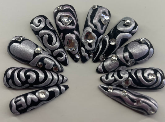 Black Grey Chrome Valentine's Press-On Nails - Short Stiletto